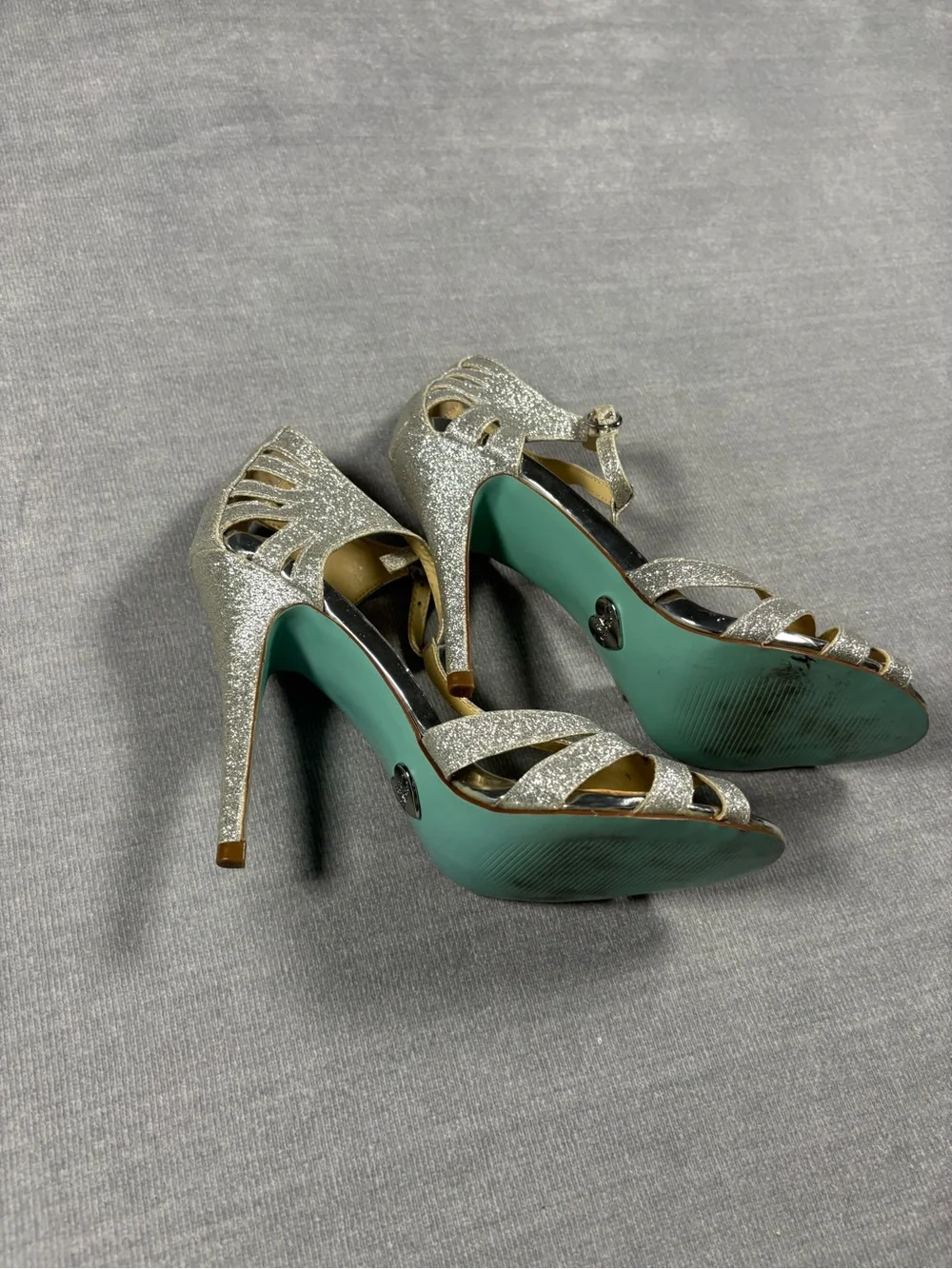 Vintage Betsey Johnson Silver Glitter Strappy T-Strap Heels